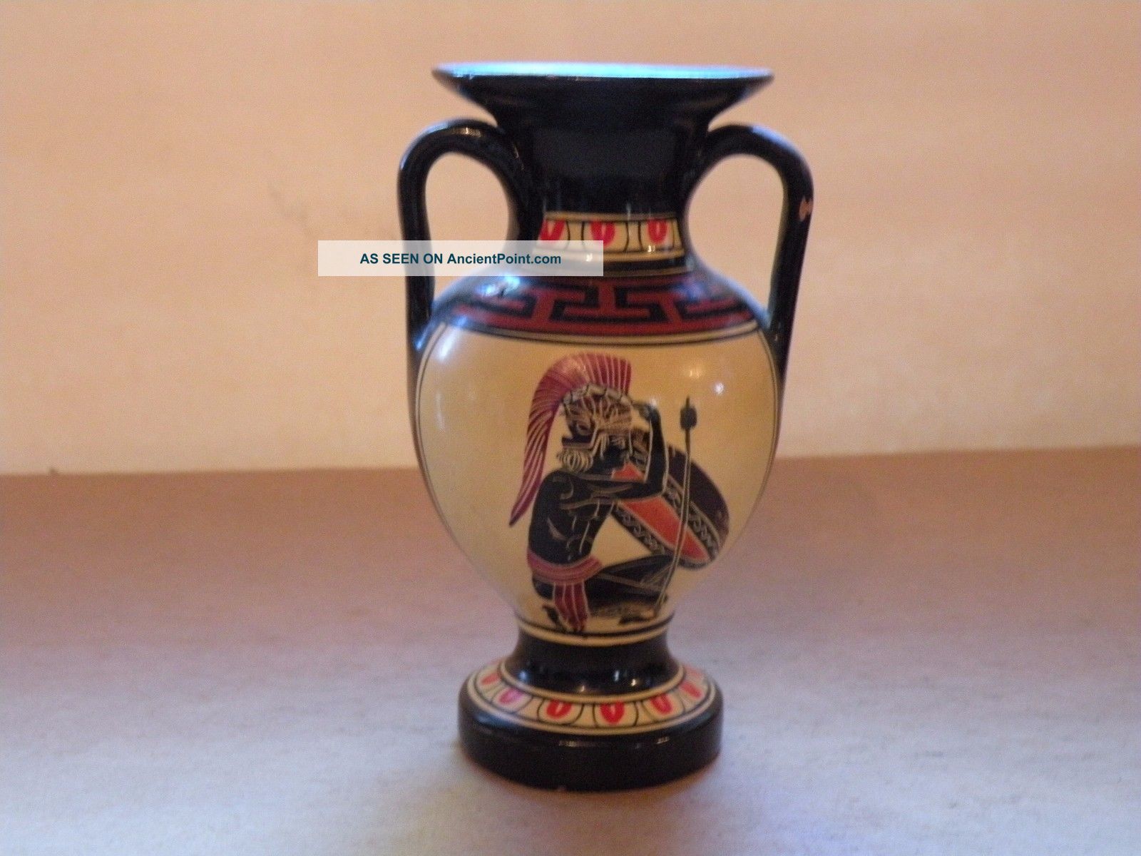 A410 Ancient Greek Attic Pottery Reproduction Small Vase,  Hoplite Warriors 4 3/4 Reproductions photo