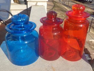3 Apothecary Jars W/lids Blue,  Red,  Orange Canisters Glass Drug Store Candy photo