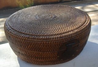 Antique/vintage Woven Basket With Lid And Brass/copper Hasp photo