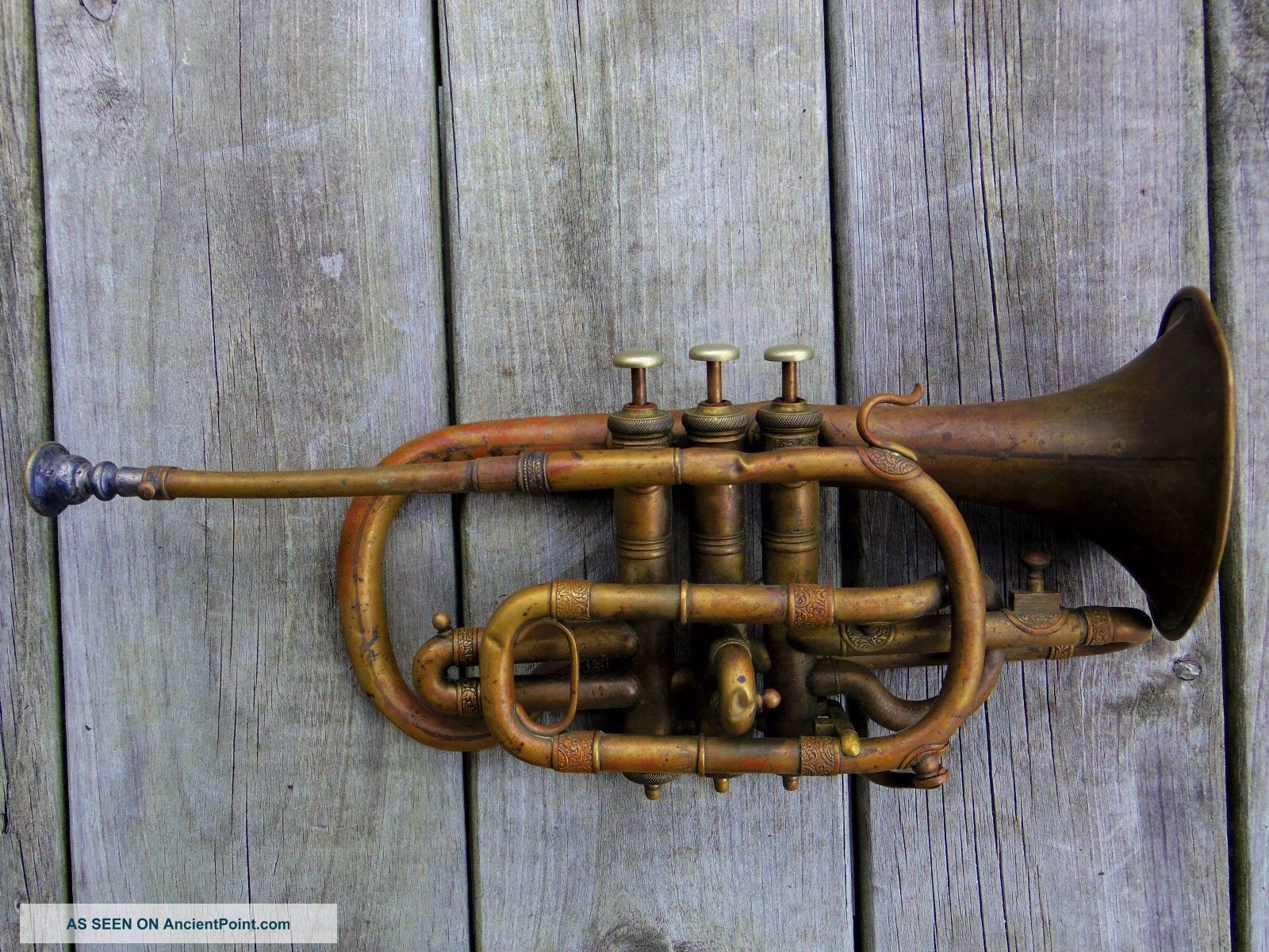 Antique Brass Cornet Inscribed A.  Hileron Paris As Found Low Opening Bid Nr Brass photo