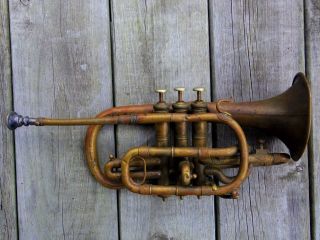 Antique Brass Cornet Inscribed A.  Hileron Paris As Found Low Opening Bid Nr photo
