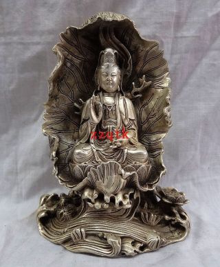 Chinese Of Tibet Silver Carved Lotus Tibetan Buddhism Guanyin Statue photo