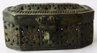 1850s Indian Antique Hand Crafted Carved Engraved Brass Jali Cutting Opium Box photo