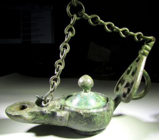 Rare Roman Bronze Oil Lamp On Chain - Extraordinary Item - Artifact - Bn75 photo