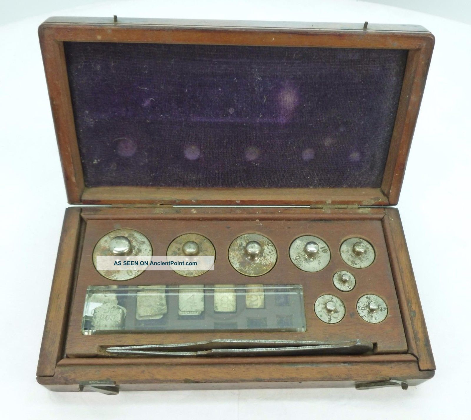 Antique Brass Weights In Wooden Case,  Jeweler Chemist Apothecary Scale Balance Scales photo
