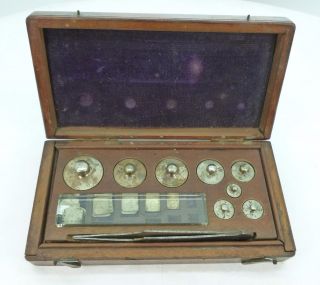 Antique Brass Weights In Wooden Case,  Jeweler Chemist Apothecary Scale Balance photo