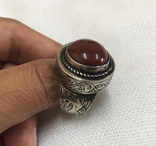 Men ' S Islamic Ring Agate Afghan Antique Aqeeq Deer Engraved 12.  5 خاتم عقيق أحمر photo