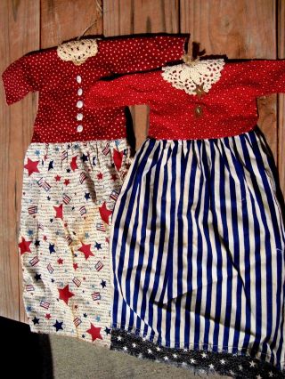 2 Primitive Patriotic Americana Doll Dress Wall Hanging Rusty Stars Stripes Two photo