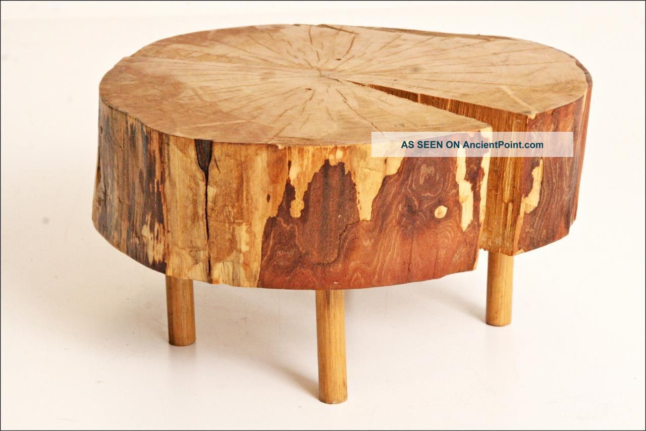 Vtg Wood Foot Stool Live Edge Slab Shabby Country Plant Stand Display Loft Round Post-1950 photo