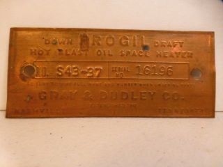 Antique Gray & Dudley Frogil Oil Space Heater Stove Brass Name Plate Badge Tag photo