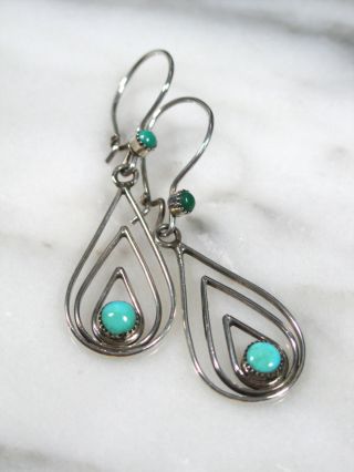 Mid Century Modernist Studio Made Sterling Silver Turquoise Tear Drop Earrings photo