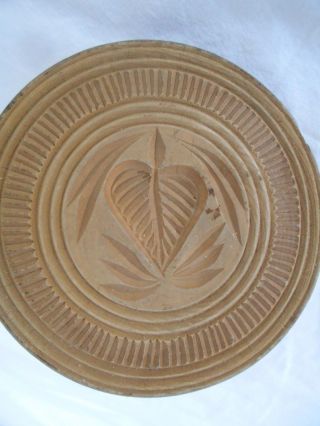 Antique Primitive Carved Wood Butter Mold Press Stamp Print Heart Leaf 5.  50 