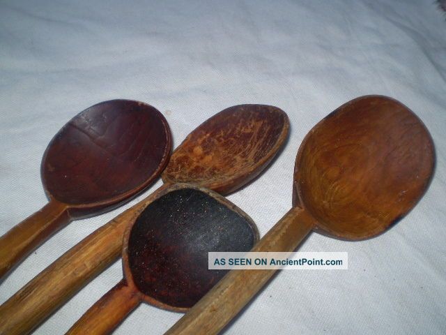 Old Wooden Old Spoon Primitev 4 Number Brown,  Europe,  Naive,  Primitive Wood Primitives photo