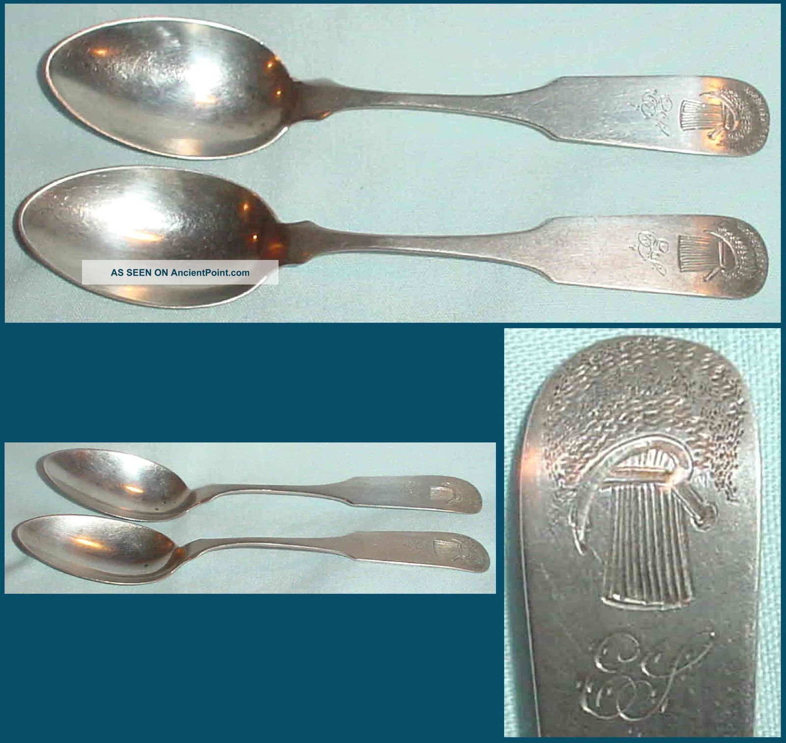 2 Old Sterling Sheaf Of Wheat Pattern Teaspoons Bright Cut/mono/5.  5 