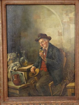 Antique Horn Player Old Musician In Pub Scene Bottle Whiskey Indoor Oil Painting photo