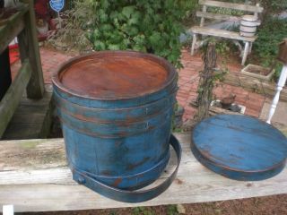 Primitive Old Wooden Blue Firkin Bucket Wood Sugar Bucket photo