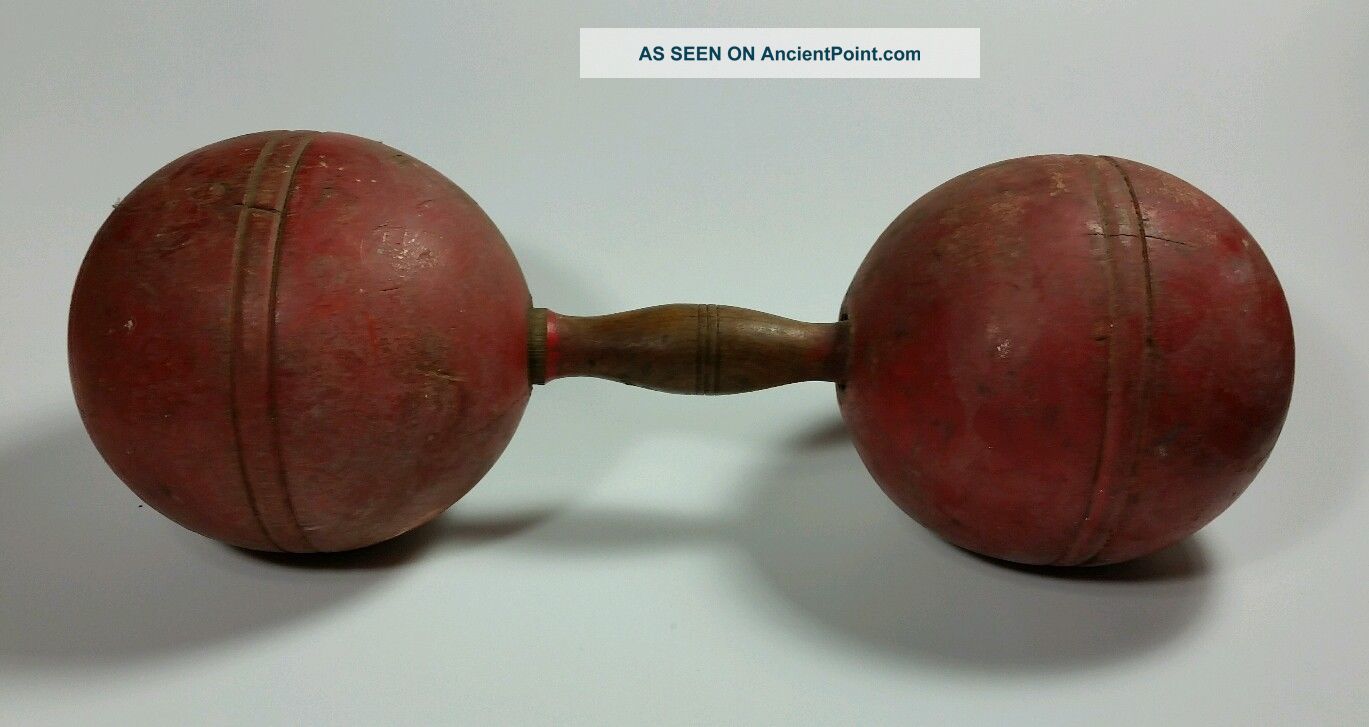 Antique Wooden Dumbbell 1900 ' S Red Paint Primitives photo