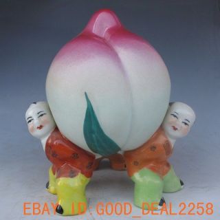 Chinese Colorful Porcelain Handwork Statues - - 3 Kid & Peach photo