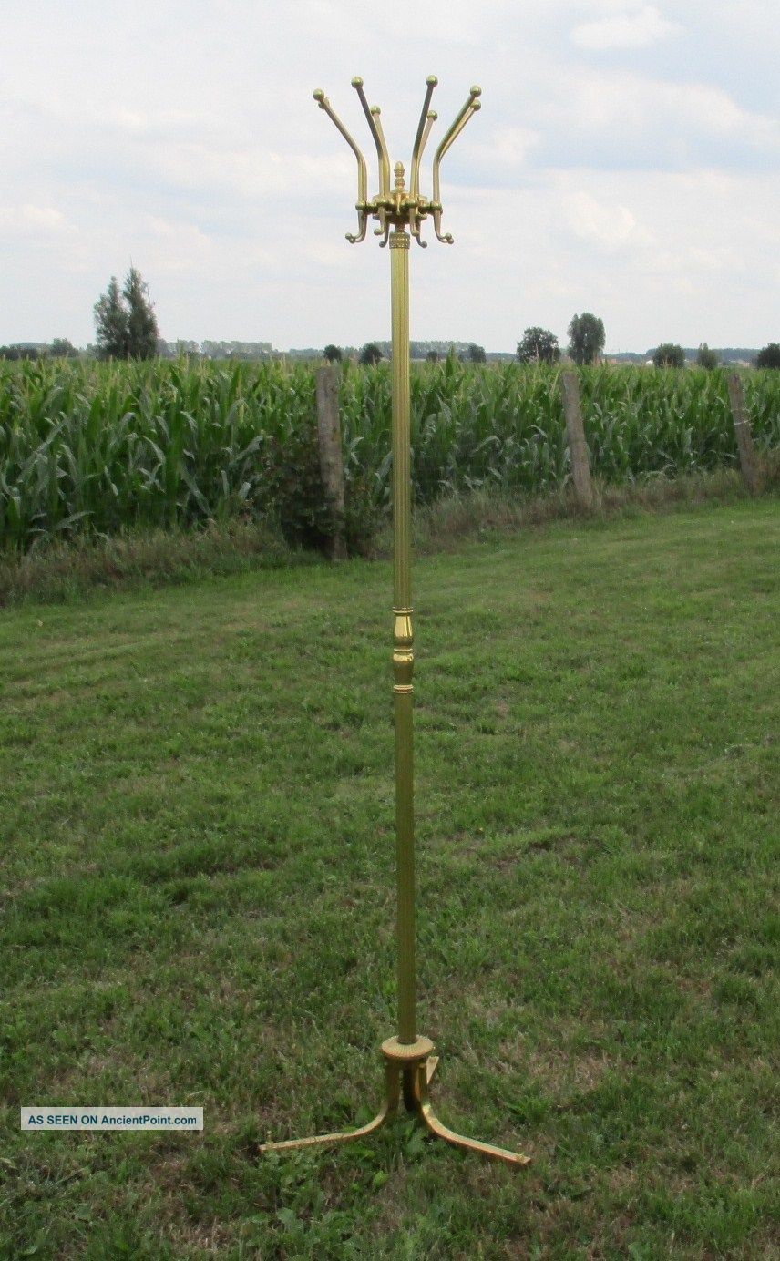 Ornate Vintage Coat Hat Rack Hall Tree Stand Floor Carved Brass Post-1950 photo