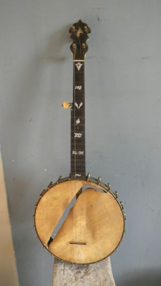Antique Banjo Signed W.  E.  Stratton Lowell Mass. photo