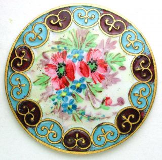 Lg Sz Antique French Enamel Button Colorful Flowers With Fancy Champleve Border photo