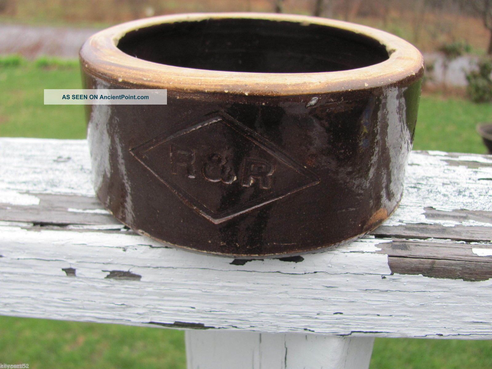 Small Primitive Brown Albany Slip Salve Crock With R & R Diamond Logo Primitives photo
