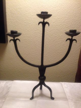 Hand Forged Wrought Iron 3 Lite Candelabra.  Candlestick Holder Rustic photo