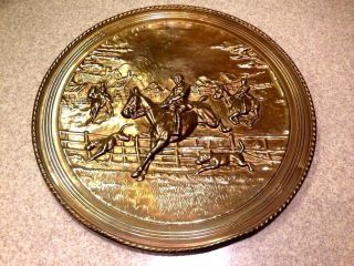 Antique English Hunt Scene Large Brass Repousse Tray Wall Decor Horses Dogs photo