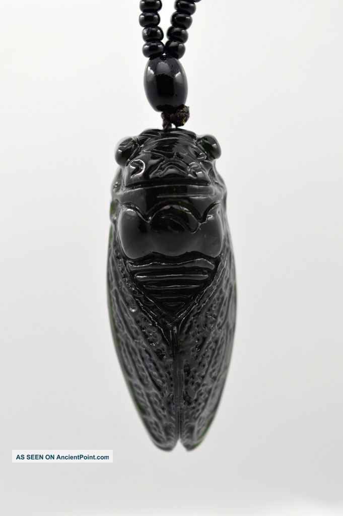 Hand - Carved Natural Dark Green Chinese Jade Pendant Necklace Cicada Necklaces & Pendants photo