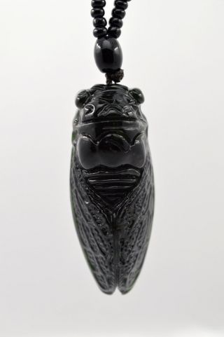 Hand - Carved Natural Dark Green Chinese Jade Pendant Necklace Cicada photo