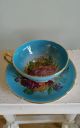 Antique Stanley Big Cabbage Roses Tea Cup & Saucer Turquoise Blue Pink England Cups & Saucers photo 1
