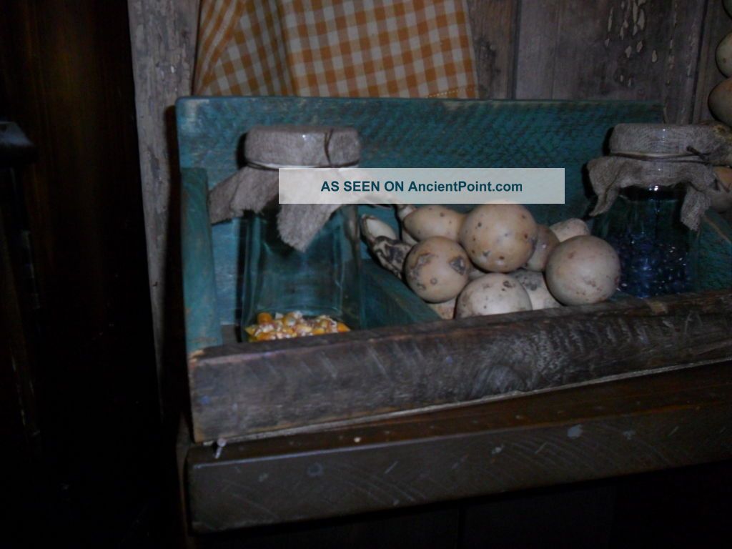 Primitive Wooden Wall Box,  Hoosier Green (3) Cubbies,  Pantry Jars,  Gourds,  Bin Primitives photo