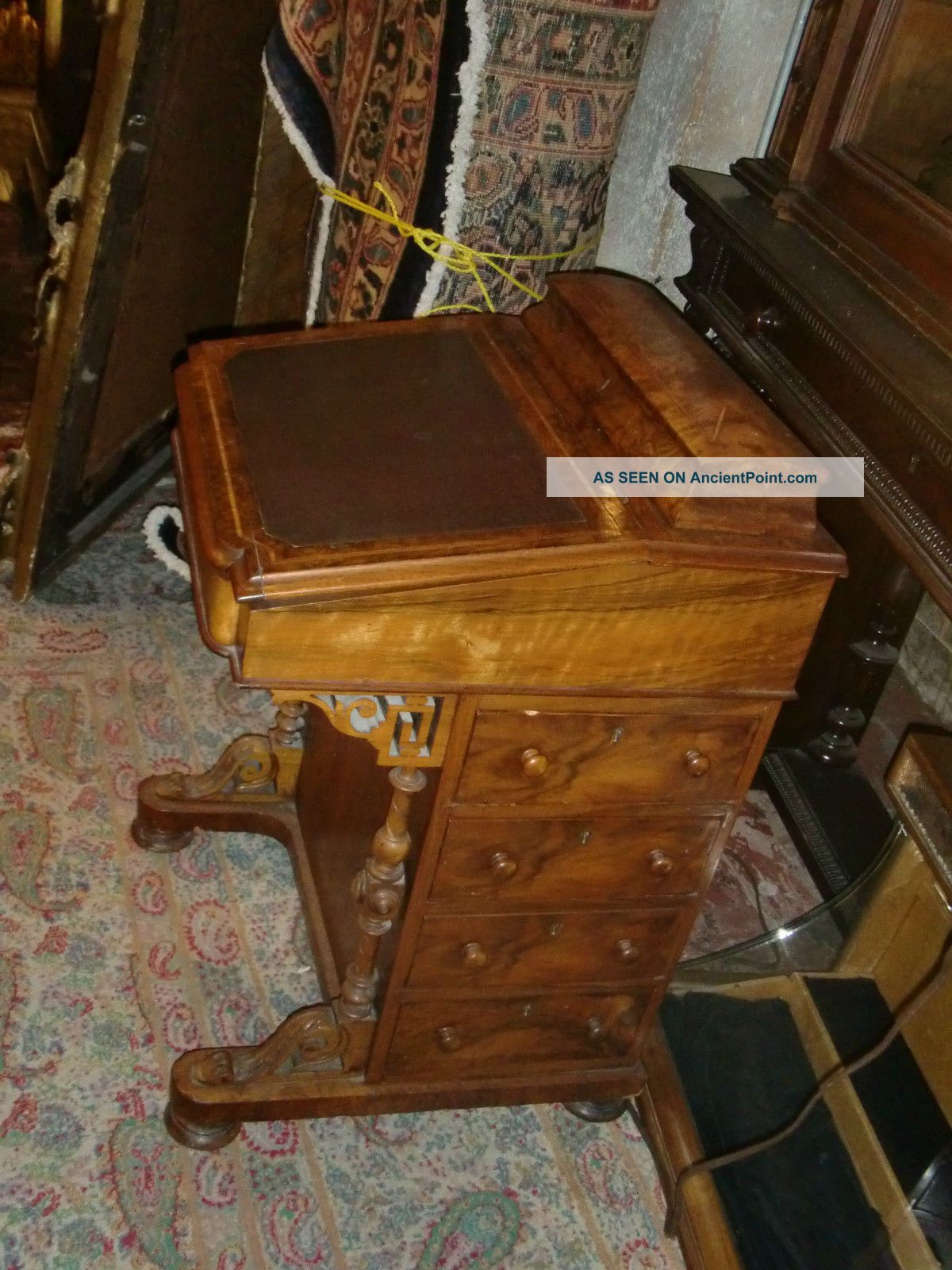 Antique Davenport Ship Captain Writing Desk Leather Burl Wood Inlay C.  1860 1800-1899 photo