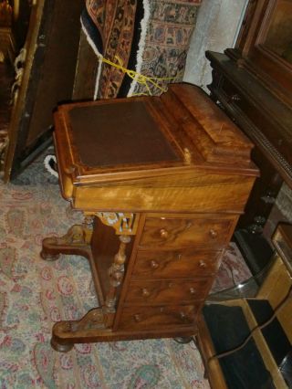 Antique Davenport Ship Captain Writing Desk Leather Burl Wood Inlay C.  1860 photo