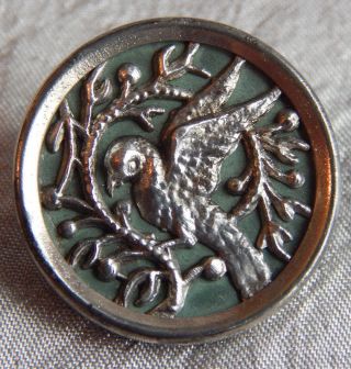 Antique White Metal Picture Button Bird 1067b photo