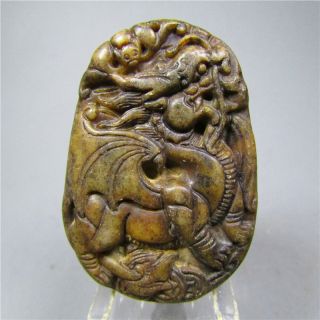 Chinese Antique Natural Old Ice Jade,  Pendant Necklace,  Kirin,  Hand - Carved photo