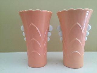 2 Vintage Mcm Fire King Classic Chevron Pink Vitrock Art Deco Bud Vases photo