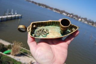 Antique / Vintage Brass Boat,  Anchor Candle Stick Holder Early Ship Night Light photo