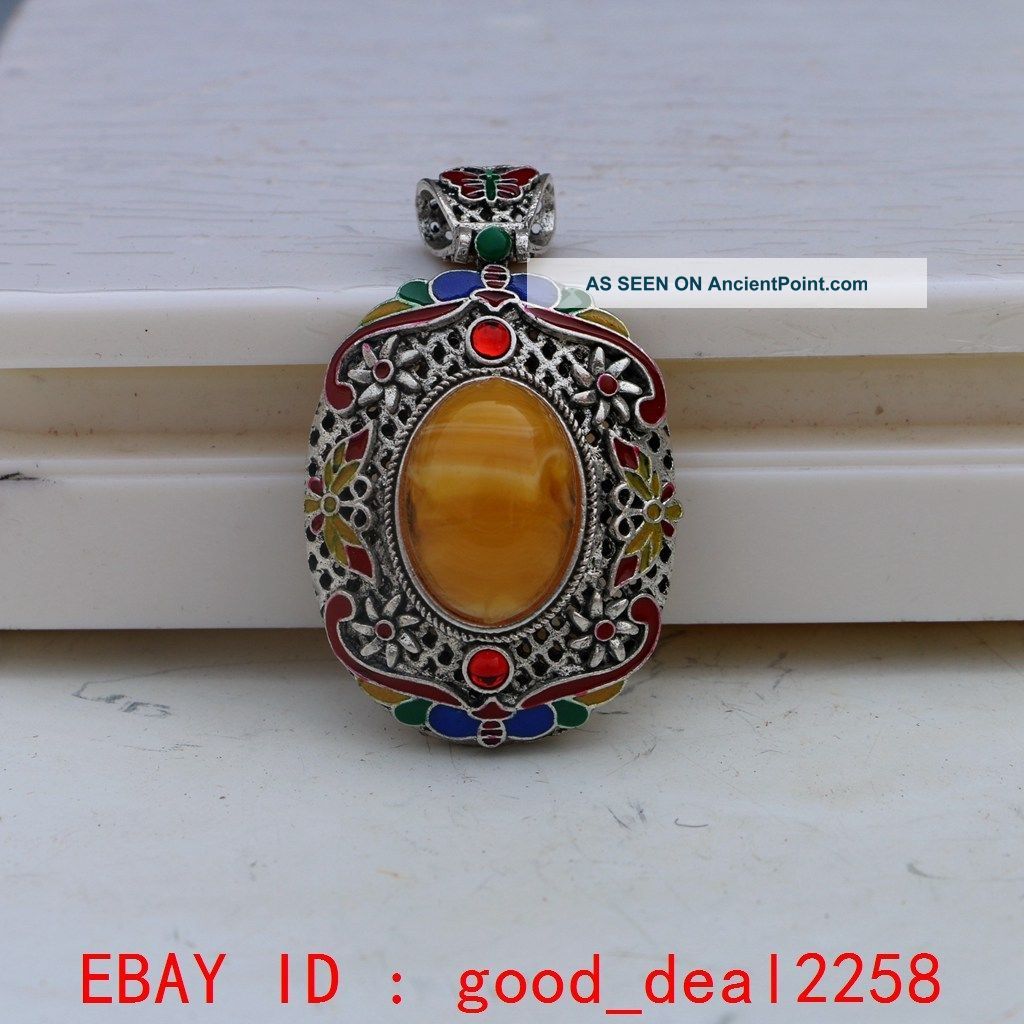 Tibetan Silver Cloisonne Inlay Natural Amber Pendant Necklaces & Pendants photo