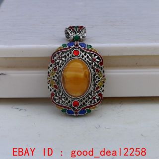 Tibetan Silver Cloisonne Inlay Natural Amber Pendant photo