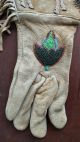 Antique Native American Beaded Leather Gauntlet Gloves,  Deer Elk Leaves,  Fringed Native American photo 8