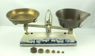 Antique German Herzog 5 Kg Blue Delft Style Porcelain Scale Brass Bowl Weights photo
