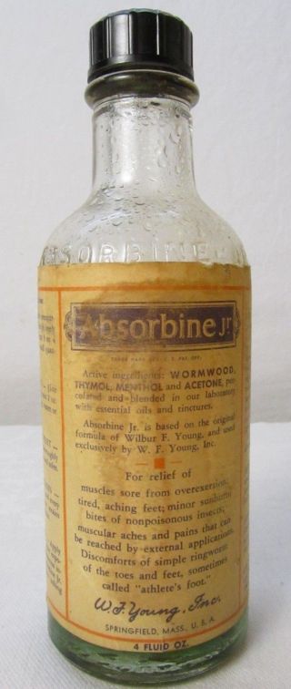 Absorbine Jr Medicine Bottle Label,  Black Bakelite A Cap Old Glass Springfield photo