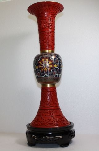 Vintage Chinese Cinnabar Lacquer And Cloisonne Vase With Stand photo