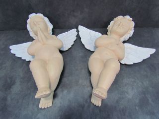2 - Antique/vintage - Hand Carved Wood Angels/cherubs - 16 3/4 
