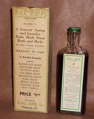 C1930 Antique Medicine Bottle & Box Val - Erb Laxative With Mandrake Pittsburgh Pa photo