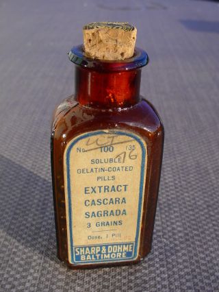 Antique Medicine Bottle Extract Cascara Sagrada Pills Label Half Contents photo