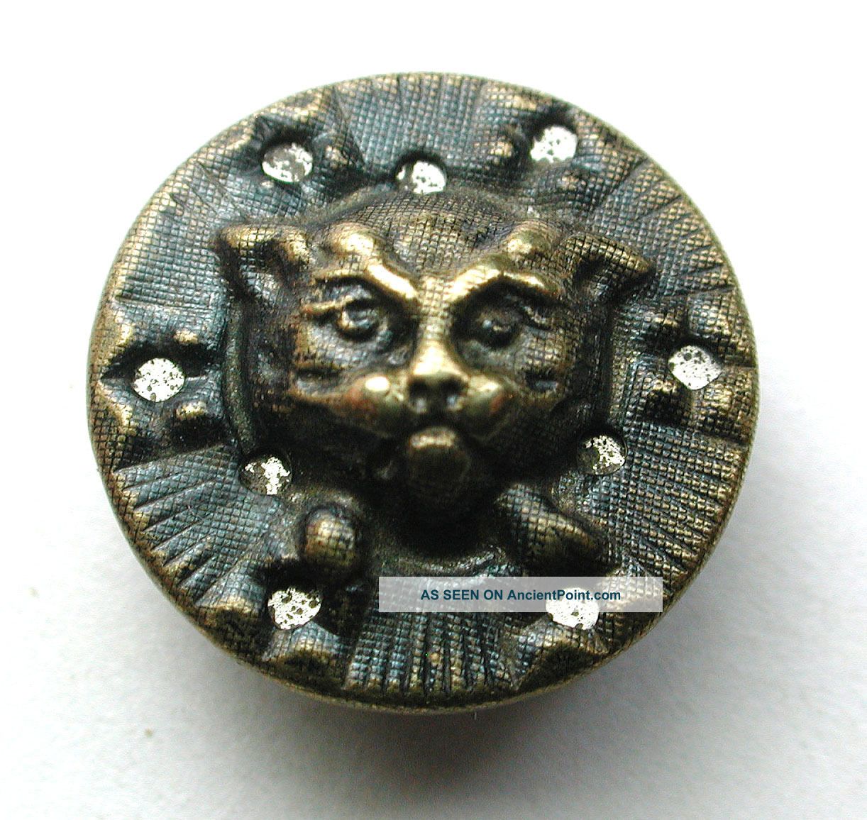 Antique Brass Button Cat Face W/ Cut Outs Over Shiny Liner - 9/16 Inch Buttons photo