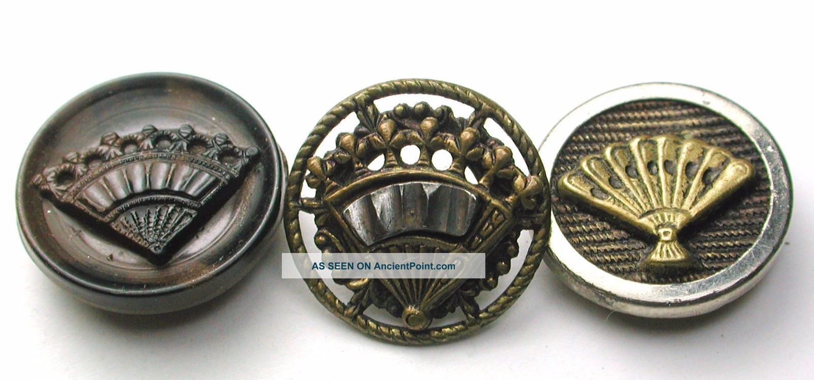 3 Antique Buttons Brass Steel Composition Fan Design - 9/16 Inch Buttons photo