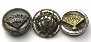 3 Antique Buttons Brass Steel Composition Fan Design - 9/16 Inch photo